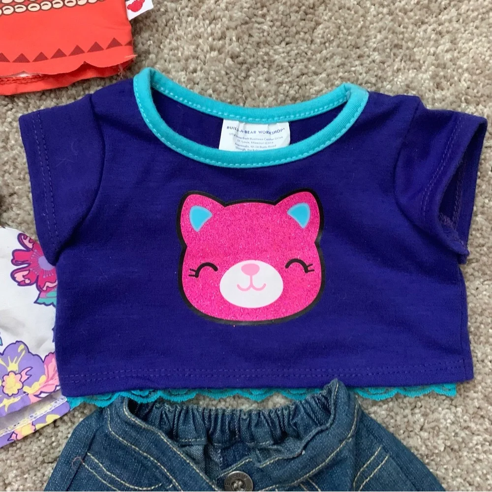 Lot Set Build A Bear Girls Clothes: Dress/Shoes/Moana Top/Cat Shirt/Jeans/Skirt